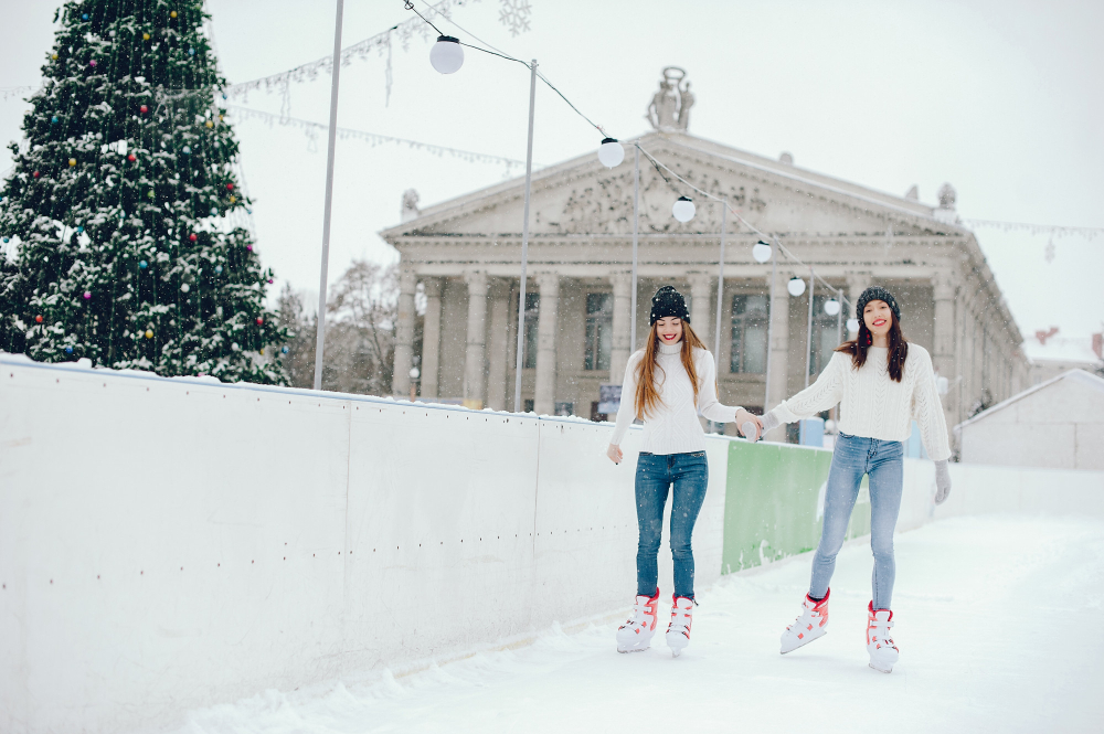 Students walking on a snowy university campus